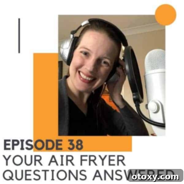 Episode 38 Air Fryer Questions Solved 2 A woman wearing headphones sits next to a microphone, providing expert advice on air frying for a blog post.