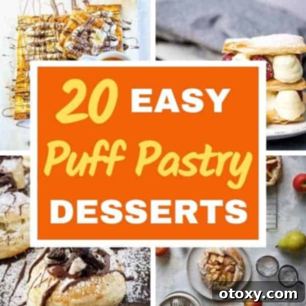 20 Effortless Puff Pastry Delights 2 A collage of various easy puff pastry desserts including tarts, turnovers, and pinwheels, with text overlay '20 Easy Puff Pastry Desserts'.