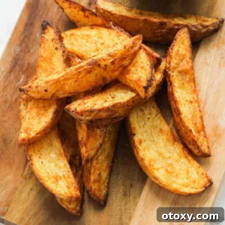 Crispy Air Fryer Potato Wedges served with dipping sauce on a wooden cutting board.