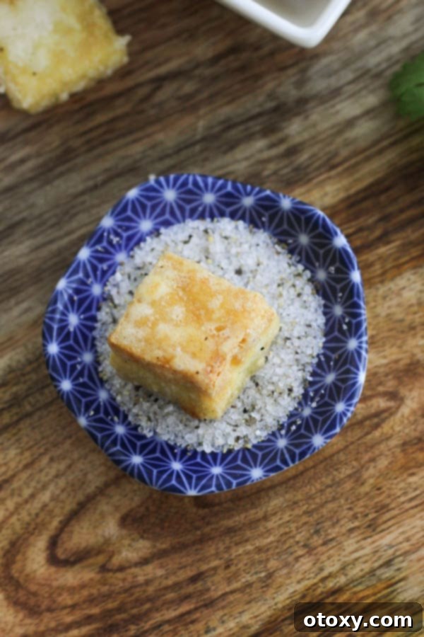 Golden Crispy Salt and Pepper Tofu 3 A single, perfectly fried salt and pepper tofu bite resting on the rim of a small bowl filled with a dipping mixture of salt and pepper.
