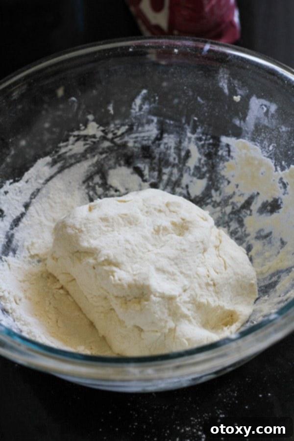 Two-ingredient dough in a glass bowl, ready for kneading.