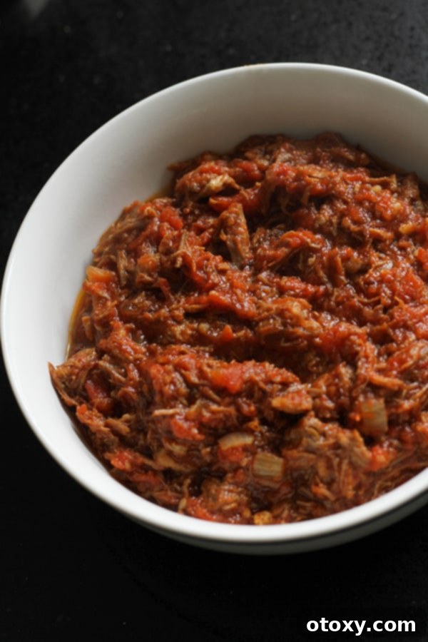 braised beef in a white bowl, garnished with fresh herbs.