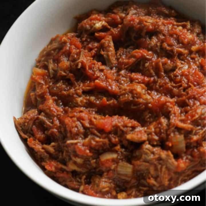 braised beef in a white bowl.