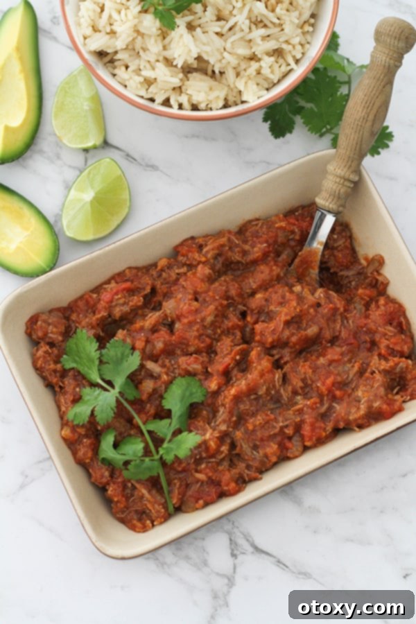 braised beef in a rustic serving dish, ready to be served.