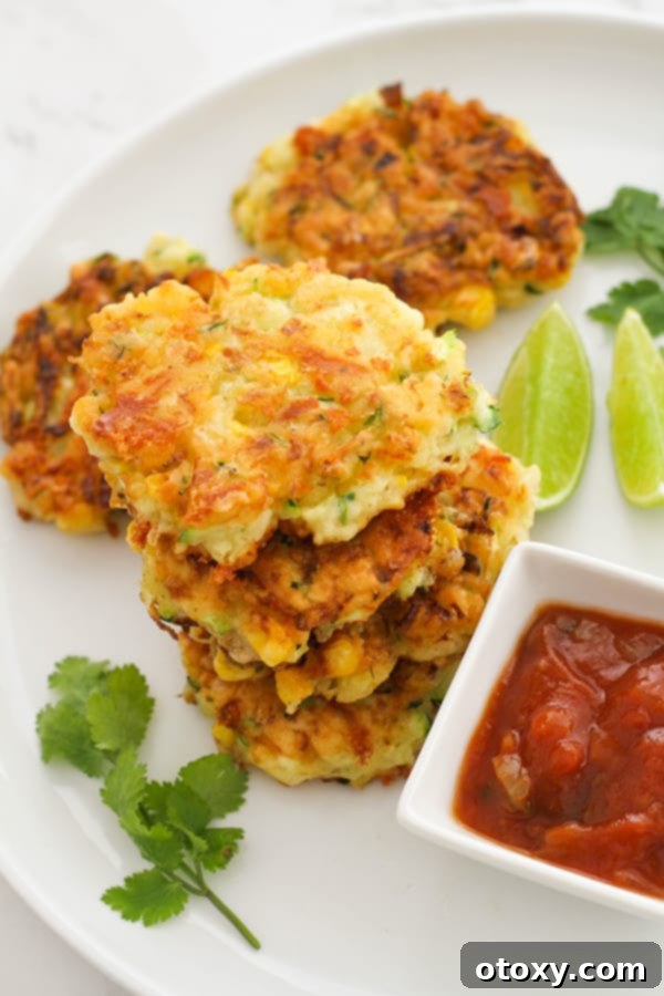fritters stacked on top of each other on a white plate with salsa and limes.