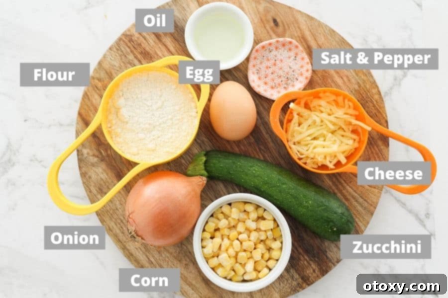 ingredients for fritters on a wooden platter.