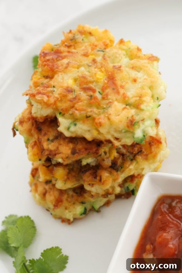 fritters stacked on top of each other on a white plate.