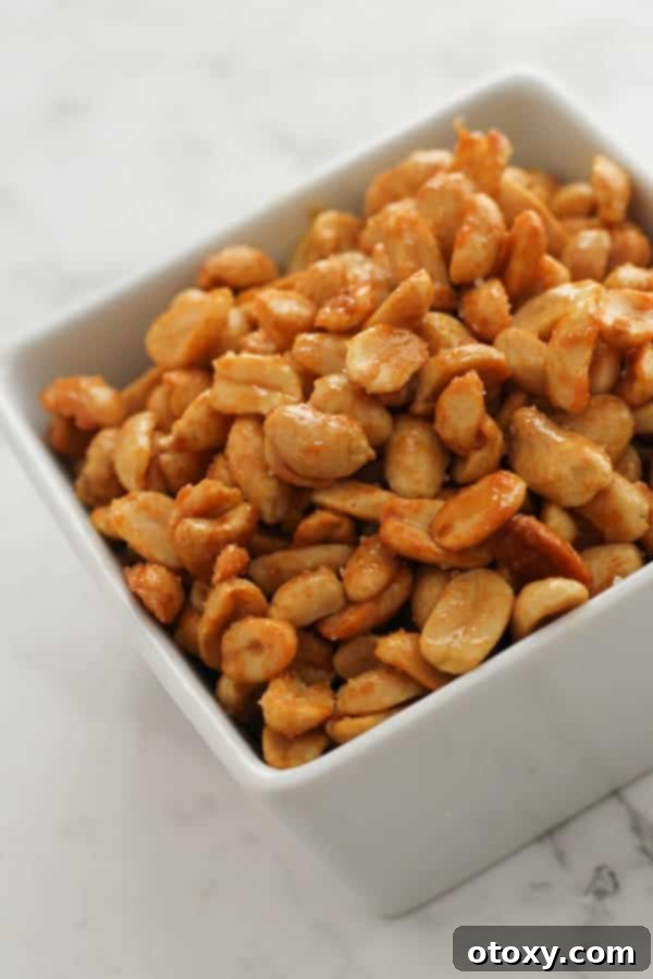 Easy Honey Roasted Peanuts in Your Oven or Air Fryer 11 A crisp, close-up shot of golden honey roasted peanuts in a clean white square bowl, highlighting their delicious texture.