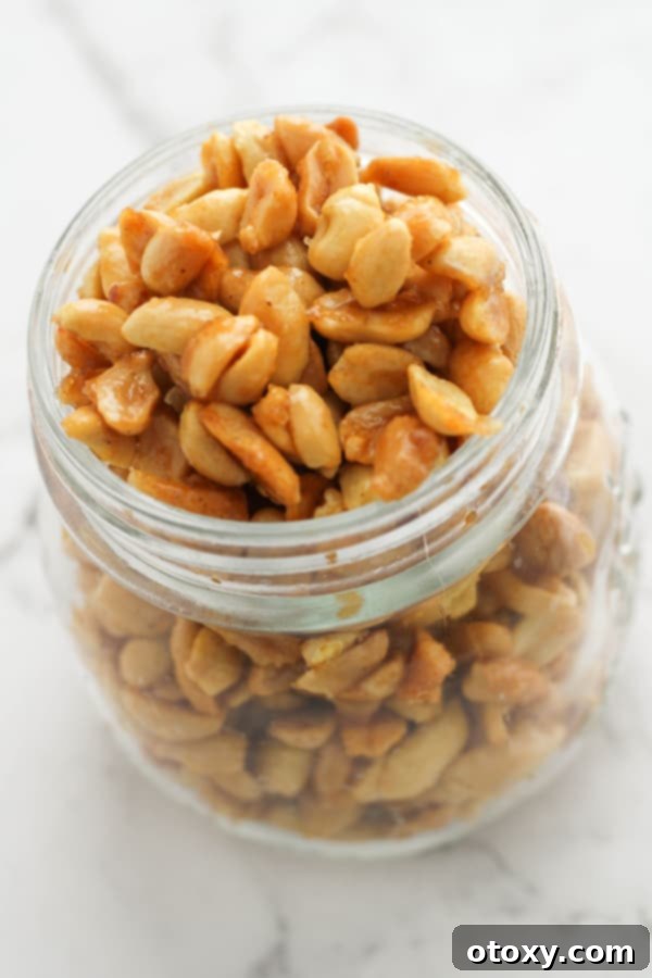 Easy Honey Roasted Peanuts in Your Oven or Air Fryer 12 A stylish glass jar filled to the brim with homemade honey roasted peanuts, tied with a simple twine, ready as a gift or a snack.