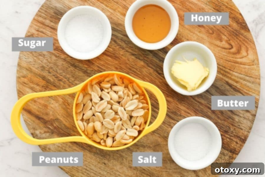 Easy Honey Roasted Peanuts in Your Oven or Air Fryer 3 Neatly arranged ingredients for honey roasted peanuts on a rustic wooden board, including raw peanuts, honey, butter, cinnamon, salt, and sugar.