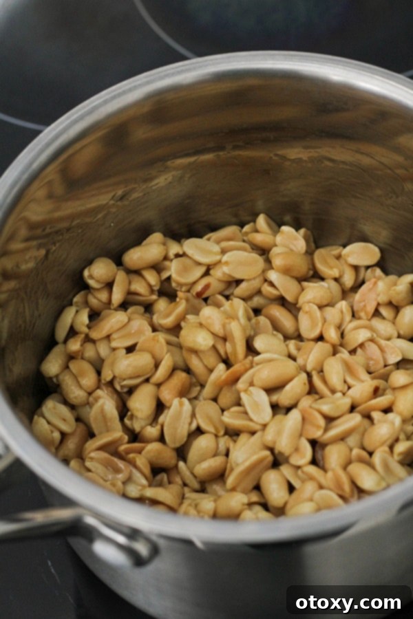 Easy Honey Roasted Peanuts in Your Oven or Air Fryer 5 Raw peanuts being stirred into a saucepan with melted honey and butter, ensuring each nut is evenly coated.