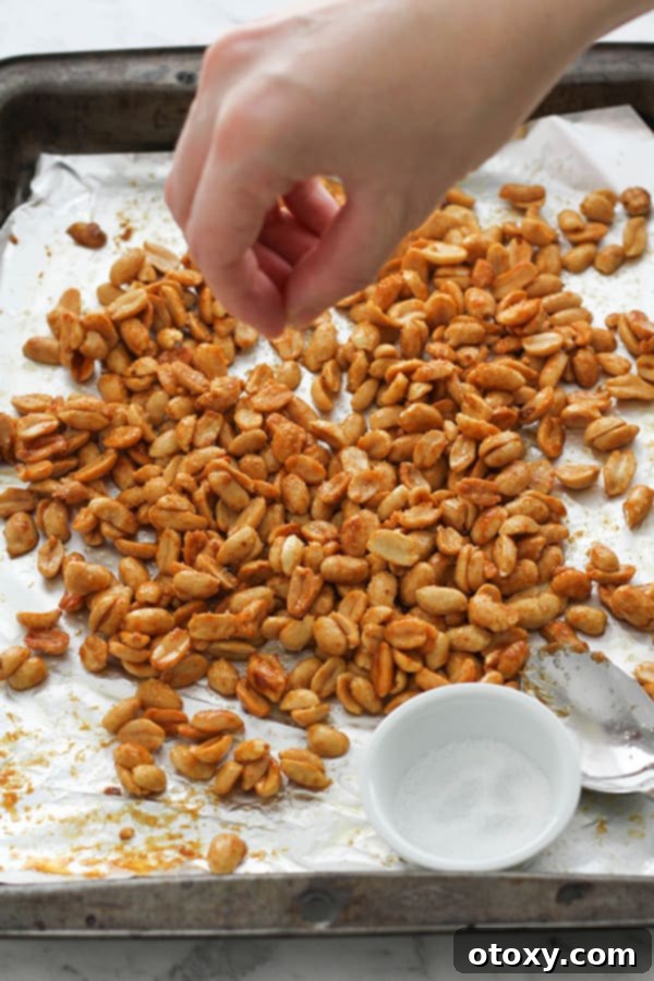 Easy Honey Roasted Peanuts in Your Oven or Air Fryer 7 A hand sprinkling sugar over freshly roasted peanuts on a baking tray, ready for final seasoning and mixing.