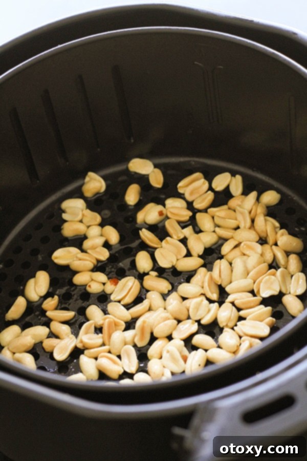 Easy Honey Roasted Peanuts in Your Oven or Air Fryer 8 Honey-coated peanuts spread in a single layer inside an air fryer basket, ready for cooking.