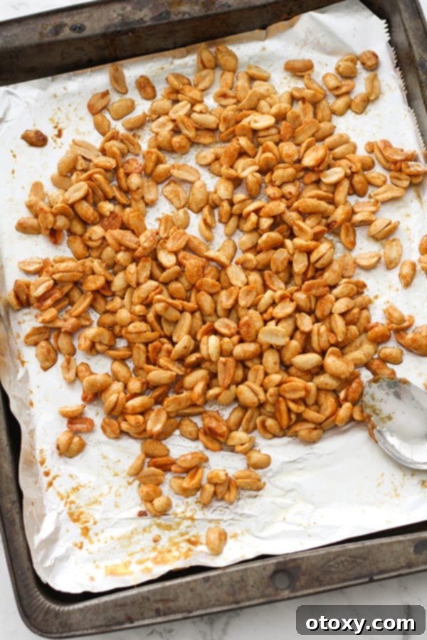 Easy Honey Roasted Peanuts in Your Oven or Air Fryer 10 Freshly roasted peanuts arranged on a baking tray, showcasing their perfect golden hue and inviting texture.
