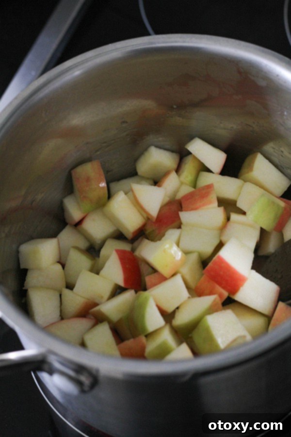 Harvest Apple Cinnamon Oats 5 Diced apple pieces gently sautéing in melted butter within a saucepan, beginning to soften and caramelize for a rich flavor base.