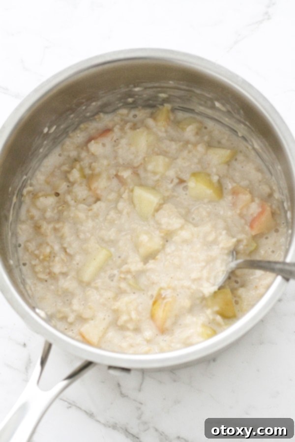 Harvest Apple Cinnamon Oats 7 A saucepan filled with perfectly cooked apple cinnamon oats, steaming gently, ready to be served and enjoyed as a warm, comforting breakfast.
