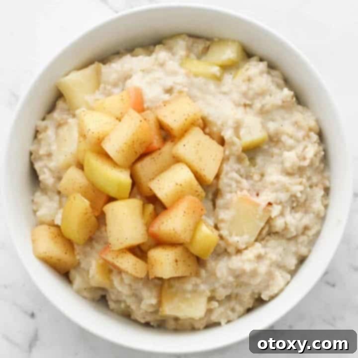 Harvest Apple Cinnamon Oats 9 A bowl of creamy apple cinnamon oatmeal topped with soft stewed apples, a delightful and healthy breakfast option.