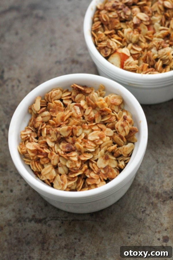 Two freshly baked apple crisps side by side in white ramekins, ready for serving.