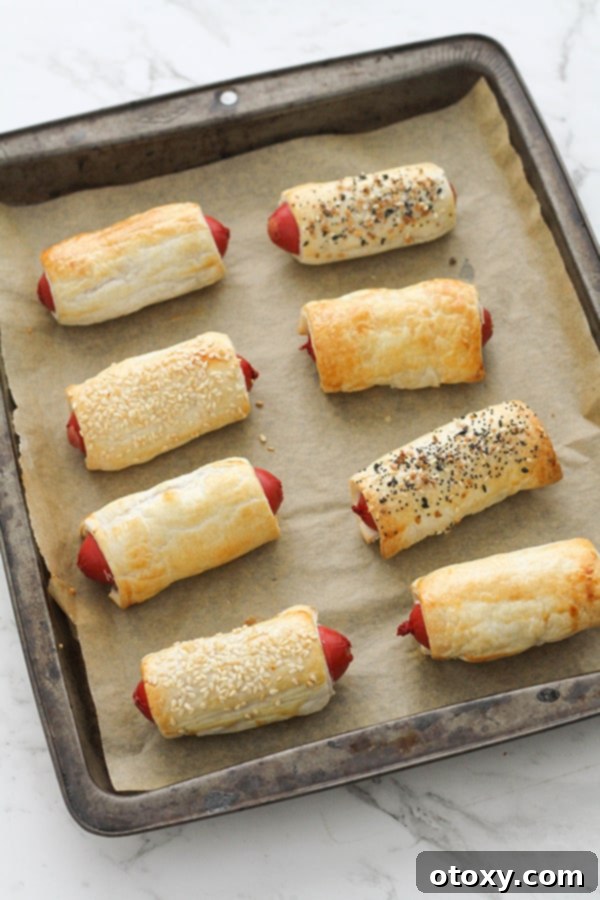Freshly baked puffy dogs hot out of the oven, still on the baking tray, golden and inviting.