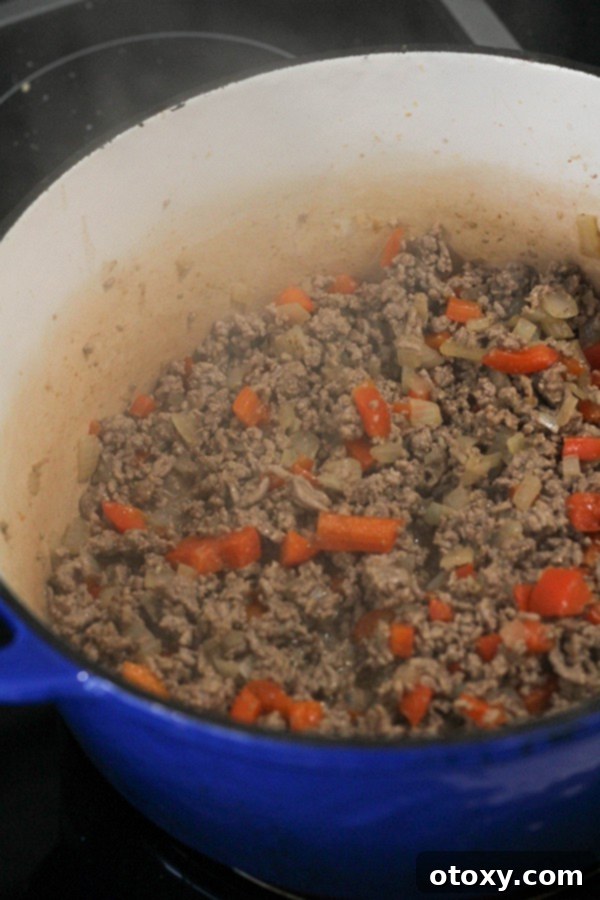 Ground beef browning in a large pot alongside sautéed onions and capsicum, with a wooden spoon breaking up the meat.