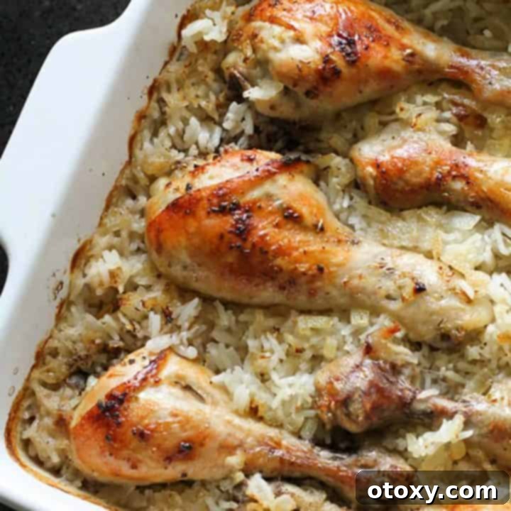 chicken drumsticks on top of a bed of rice in a baking dish, ready to be served for a one-pot Greek meal.