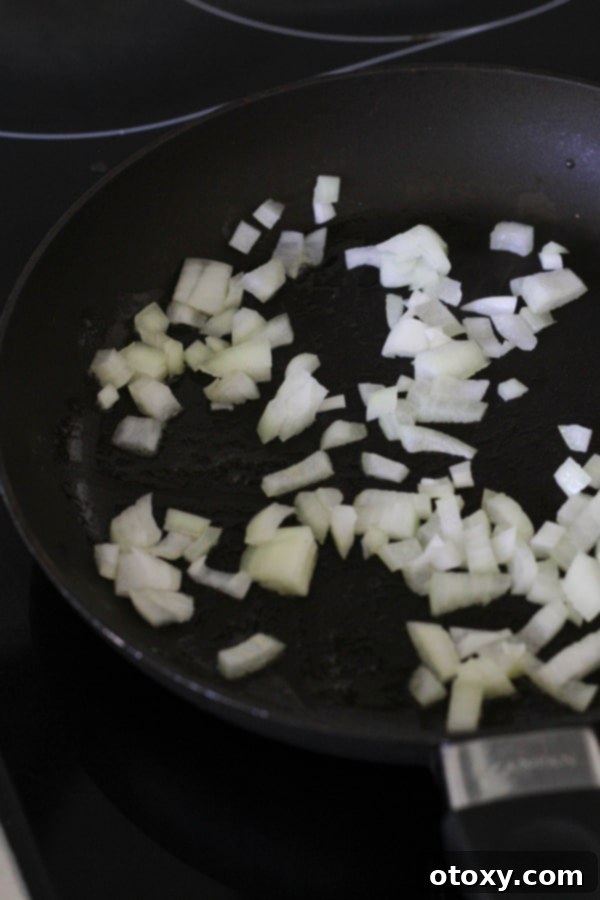Diced onions are shown being sautéed in a silver skillet on a stovetop, becoming translucent.