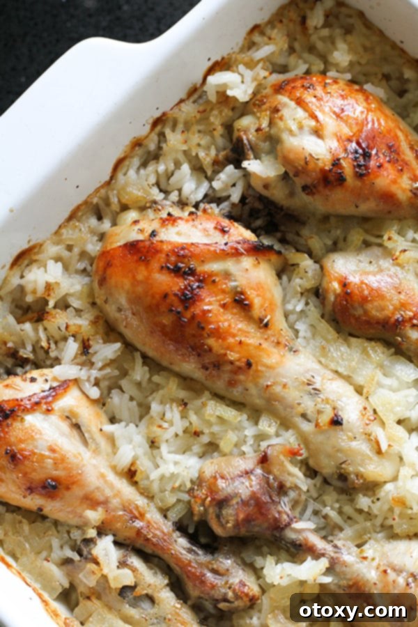 Close-up of baked chicken drumsticks and fluffy rice in a baking dish, garnished with fresh herbs and ready to serve.