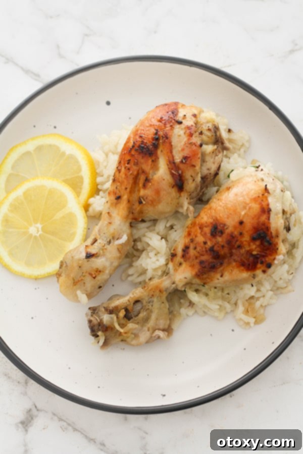 A single serving of One Pot Greek Chicken and Rice on a white plate, garnished with fresh herbs and a lemon wedge.