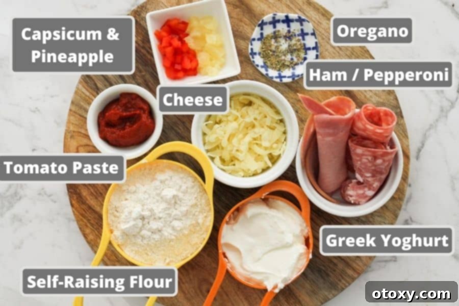 A selection of fresh ingredients laid out on a rustic wooden board, ready for making pizza pinwheels.