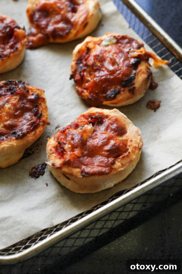 Cooked pizza pinwheels arranged on an air fryer wire tray, showing their perfectly melted cheese and golden crust.