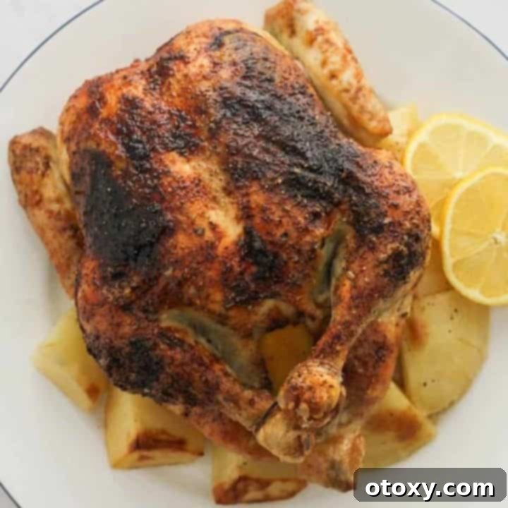 roast chicken and potatoes on a white plate.