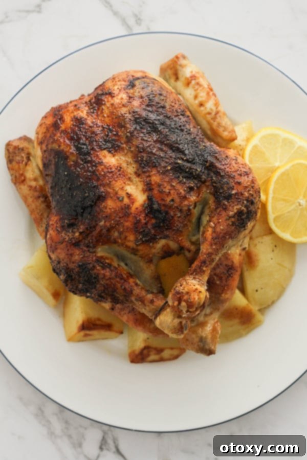 roast chicken and potatoes on a white plate.