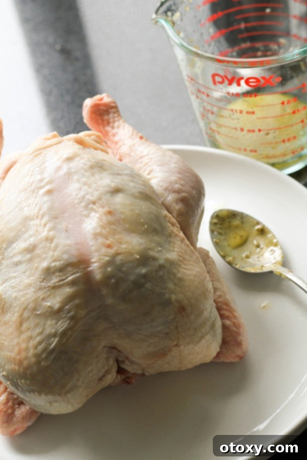 whole chicken on a white plate.