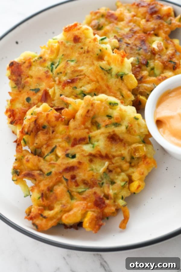 Golden Garden Fritters 2 A plate filled with golden-brown crispy vegetable fritters, garnished with fresh herbs, showcasing their inviting texture.