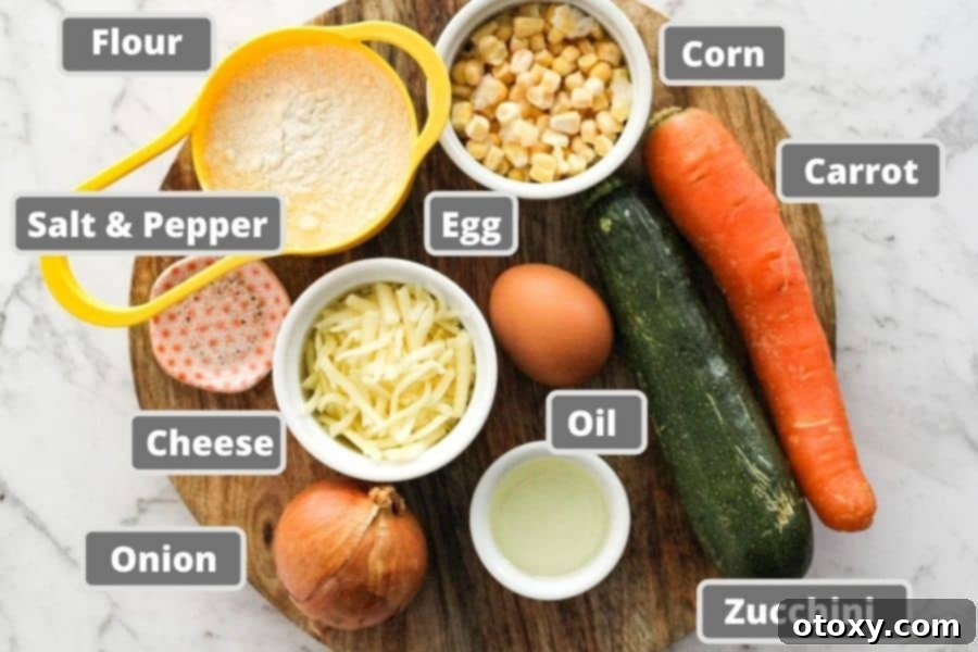 Golden Garden Fritters 4 A rustic wooden board displaying fresh ingredients for vegetable fritters: zucchini, carrot, corn, onion, egg, cheese, and flour.