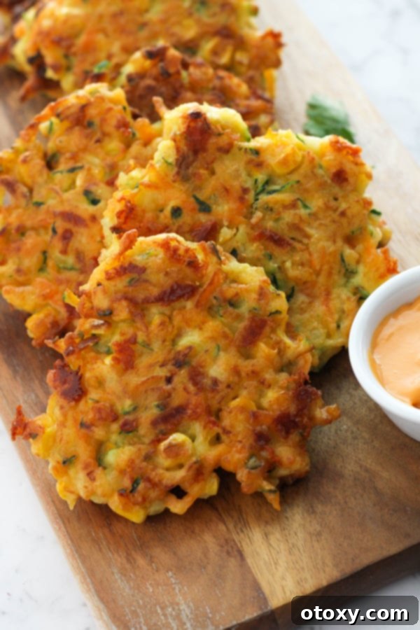 Golden Garden Fritters 9 A selection of freshly cooked crispy vegetable fritters artfully arranged on a rustic wooden board, ready to be served.