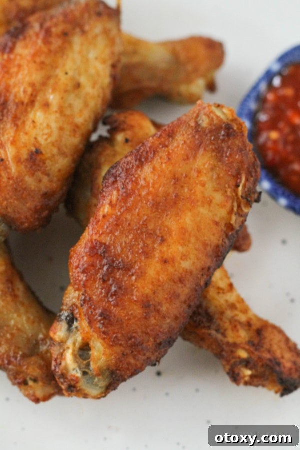 Air-Fried Wing Perfection 5 A pristine white plate showcases a neatly arranged pile of raw chicken wings, ready for seasoning and air frying.