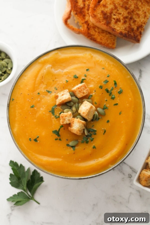 A close-up of creamy pumpkin soup, generously topped with crispy croutons and scattered pumpkin seeds, highlighting its inviting texture.