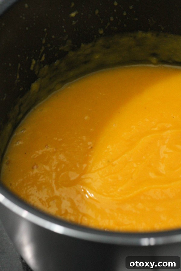 The blended, creamy pumpkin soup resting in the slow cooker pot, perfectly smooth and ready for final seasoning and serving.