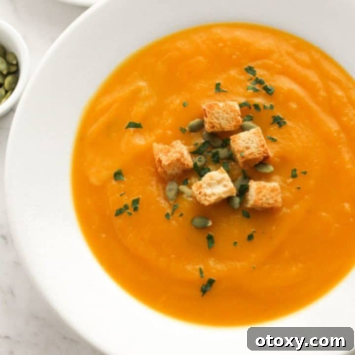 A bowl of creamy slow cooker pumpkin soup, garnished with crunchy croutons and a sprinkle of pumpkin seeds, highlighting its rich and inviting texture.