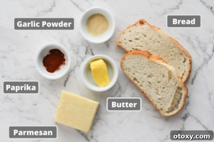 ingredients for sizzler cheese toast including sourdough bread, parmesan cheese and butter.