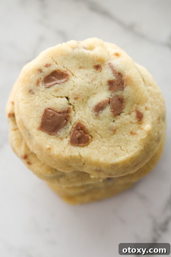 A delightful stack of homemade chocolate chip shortbread cookies, perfectly baked and ready to be savored.