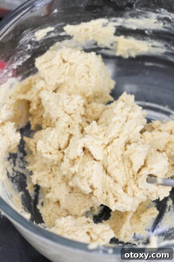 Smooth, well-mixed shortbread dough resting in a clear glass bowl, ready for the next step.