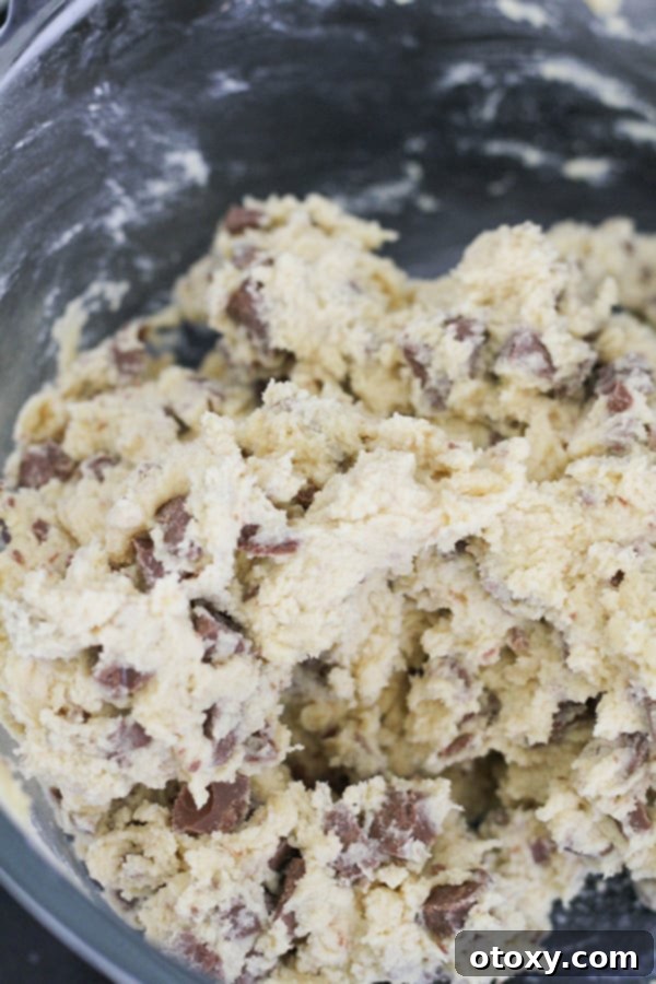 Shortbread cookie dough with chocolate chunks thoroughly mixed in, sitting in a glass bowl.