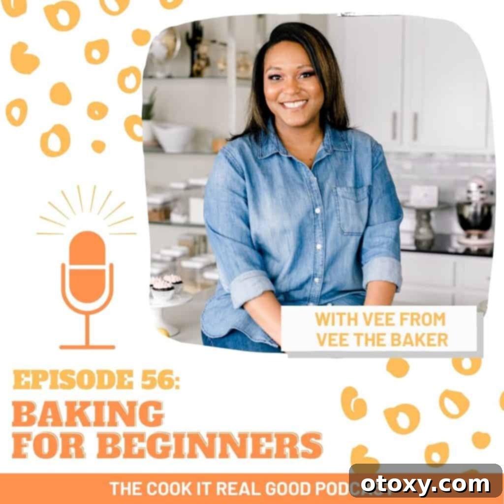headshot of a woman with text overlay "baking for beginners". 
