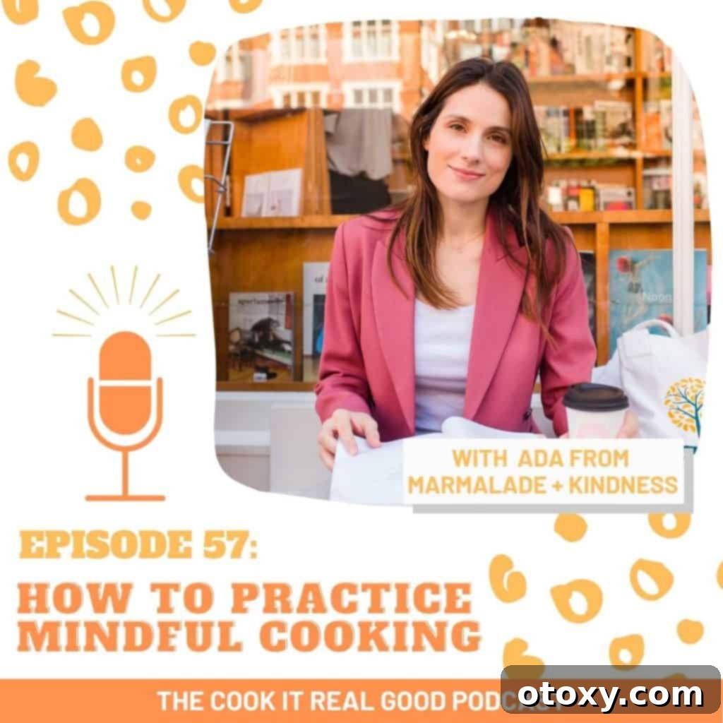 HEADSHOT OF A WOMAN WITH TEXT OVERLAY "HOW TO PRACTICE MINDFUL COOKING".