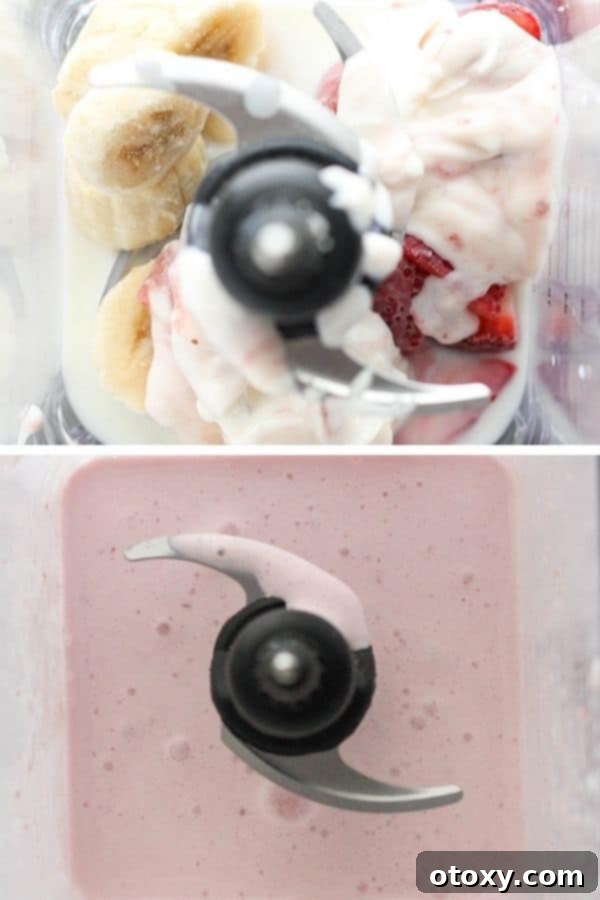 Two side-by-side images showing a strawberry smoothie being blended in a high-performance blender.