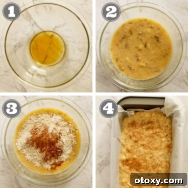 Step-by-step images showing how to mix ingredients for healthy banana bread