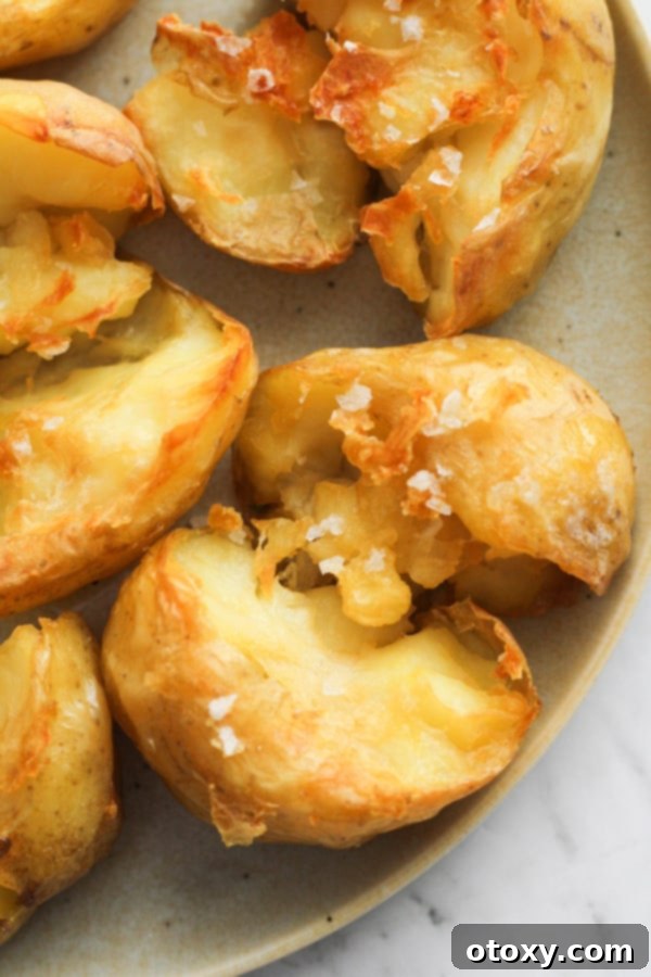 A beautifully arranged plate of golden-brown glass potatoes, generously sprinkled with glistening salt flakes.