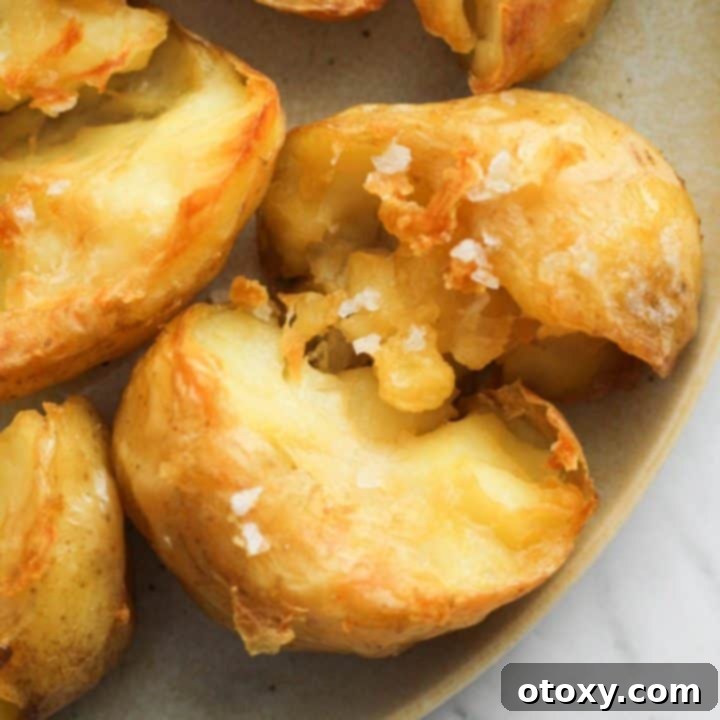 A plate of Annabel Crabb's Glass Potatoes, garnished with salt flakes, representing the final delicious result.